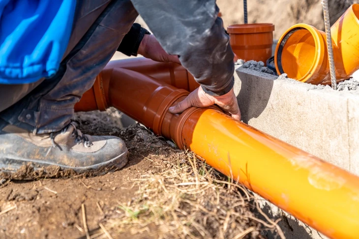 installation d'un tuyau en plastique d'égout pendant la construction d'une maison