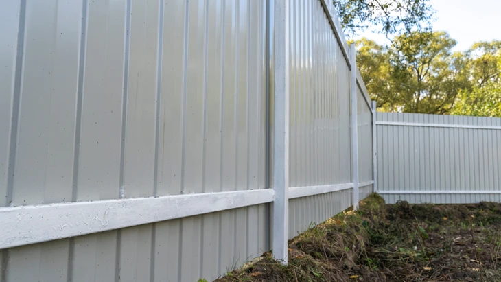 Extérieur résidentiel avec clôture en PVC blanc récemment installée