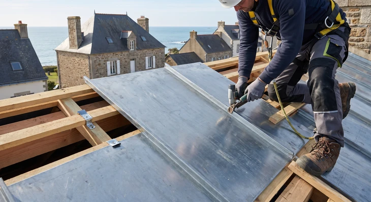 Gros plan professionnel montrant le détail de la pose d'une toiture zinc sur tasseaux : plaques de zinc reposant sur des tassaux de bois parallèles, avec les joints latéraux visibles et les points de fixation, photographié en lumière naturelle par temps dégagé sur un chantier réel, montrant clairement la technique de fixation et la structure du système d'appui.