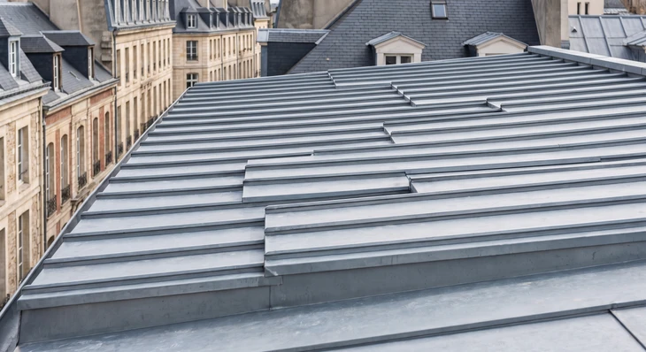 Gros plan professionnel montrant une toiture en zinc à ressaut en cours de pose ou en phase terminale : vue de la structure du toit présentant les plaques de zinc posées horizontalement en quinconce, créant un effet de marches d'escalier caractéristique, avec les chevauchements et les joints latéraux clairement visibles. La photo est prise sous un angle qui permet de voir le relief distinctif créé par cette technique, en lumière naturelle sur un chantier réel de rénovation ou de construction. L'image doit montrer exclusivement le détail technique de la toiture, sans personne visible.