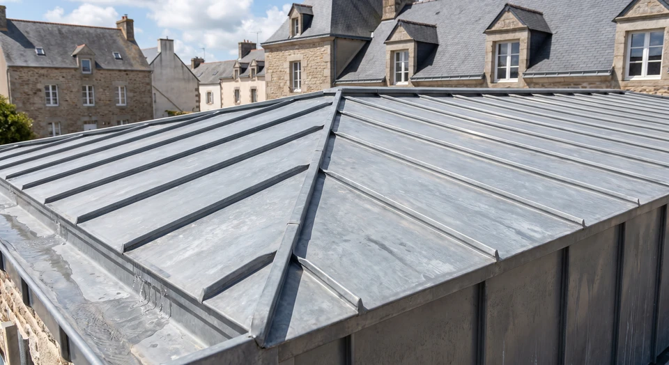 Gros plan professionnel sur une toiture en zinc avec détails de joint debout (standing seam), montrant la surface métallique grise patinée du zinc avec sa teinte caractéristique, sous une lumière naturelle permettant de visualiser la texture et la qualité du matériau, en mettant l'accent sur l'aspect esthétique intemporel et la finition soignée de la couverture.