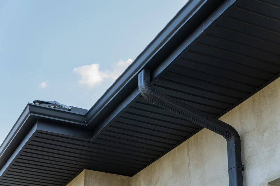 Extérieur d'une habitation en hiver avec formation de glaçons suspendus à la gouttière