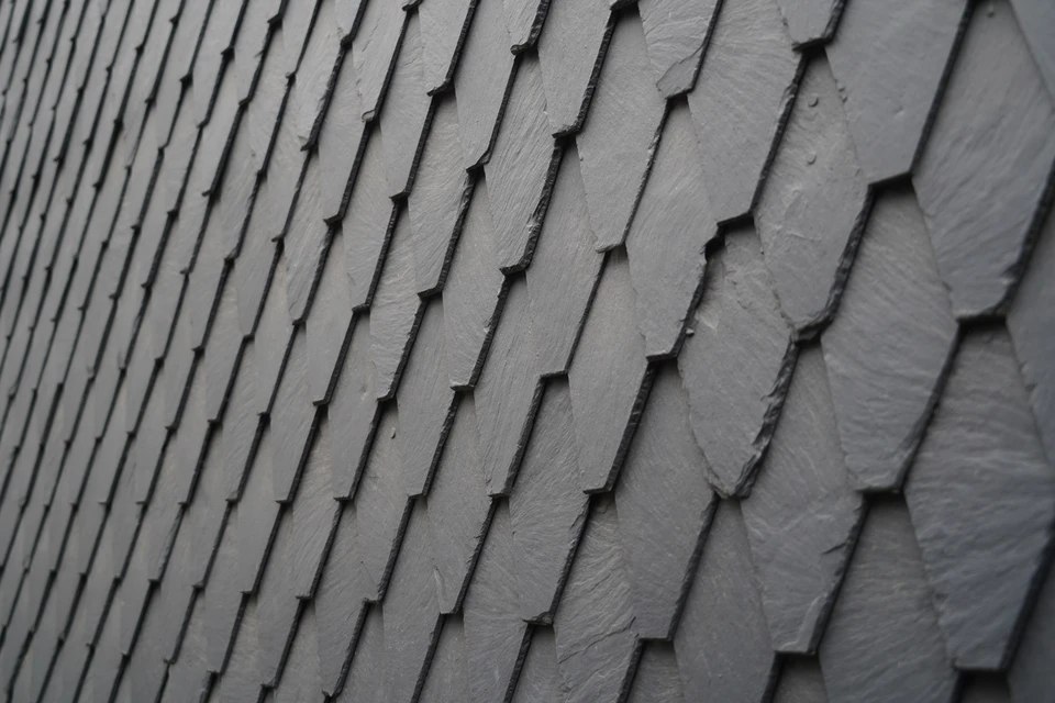 Surface d'ardoise naturelle noire aux veines grises subtiles, texture rugueuse avec stries et aspérités caractéristiques